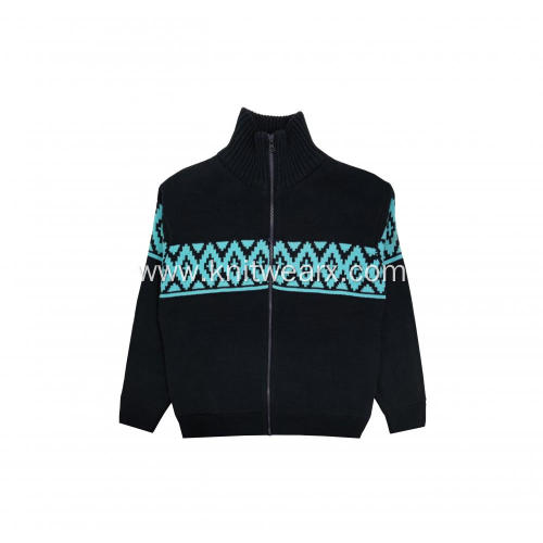 Men's Knitted Fleece Lined Zip Up Jacquard Cardigan